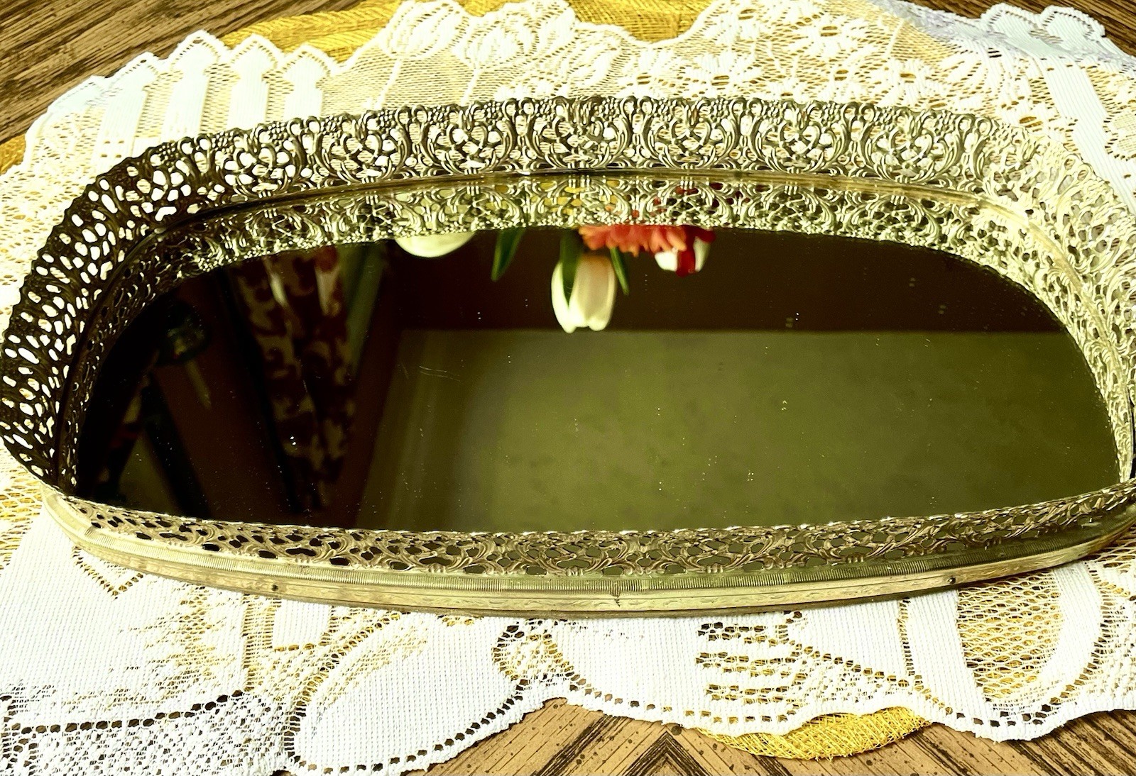 Vintage Gold Dresser Vanity Mirror Tray Hollywood Regency Era Rectangle Ormolu