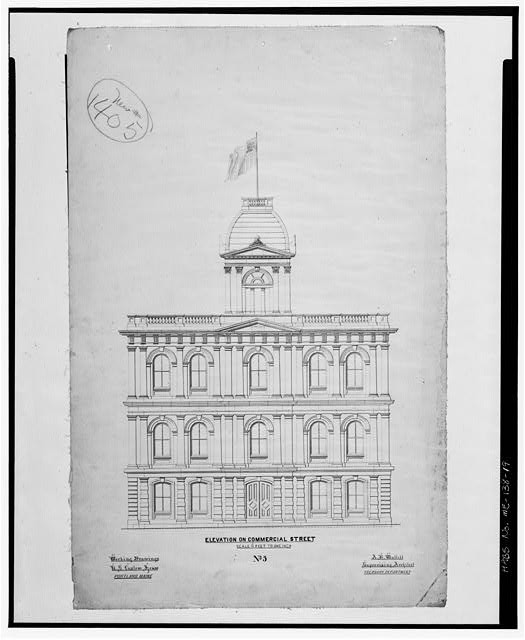Photo:Portland Maine 1868 U.S. Customs House Elevation Commercial St HABS