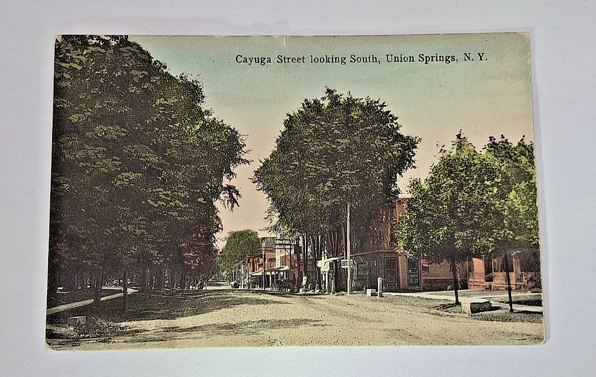 1910 Cayuga Street Union Springs NY Postcard Street View 1¢ Franklin Stamp