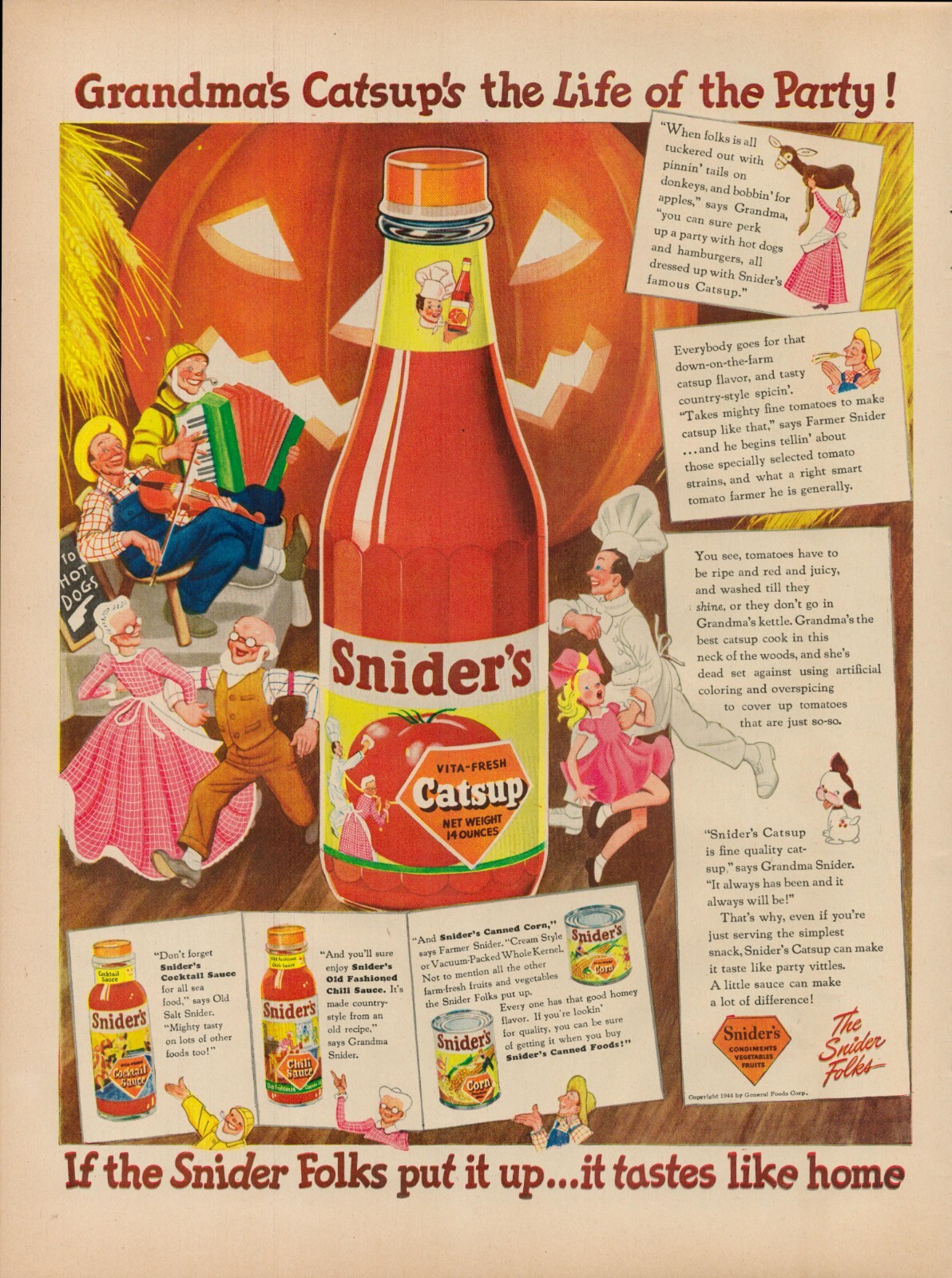 1944 Food Condiment Sniders Catsup Ketchup Vintage Print Ad Cocktail Chili Sauce