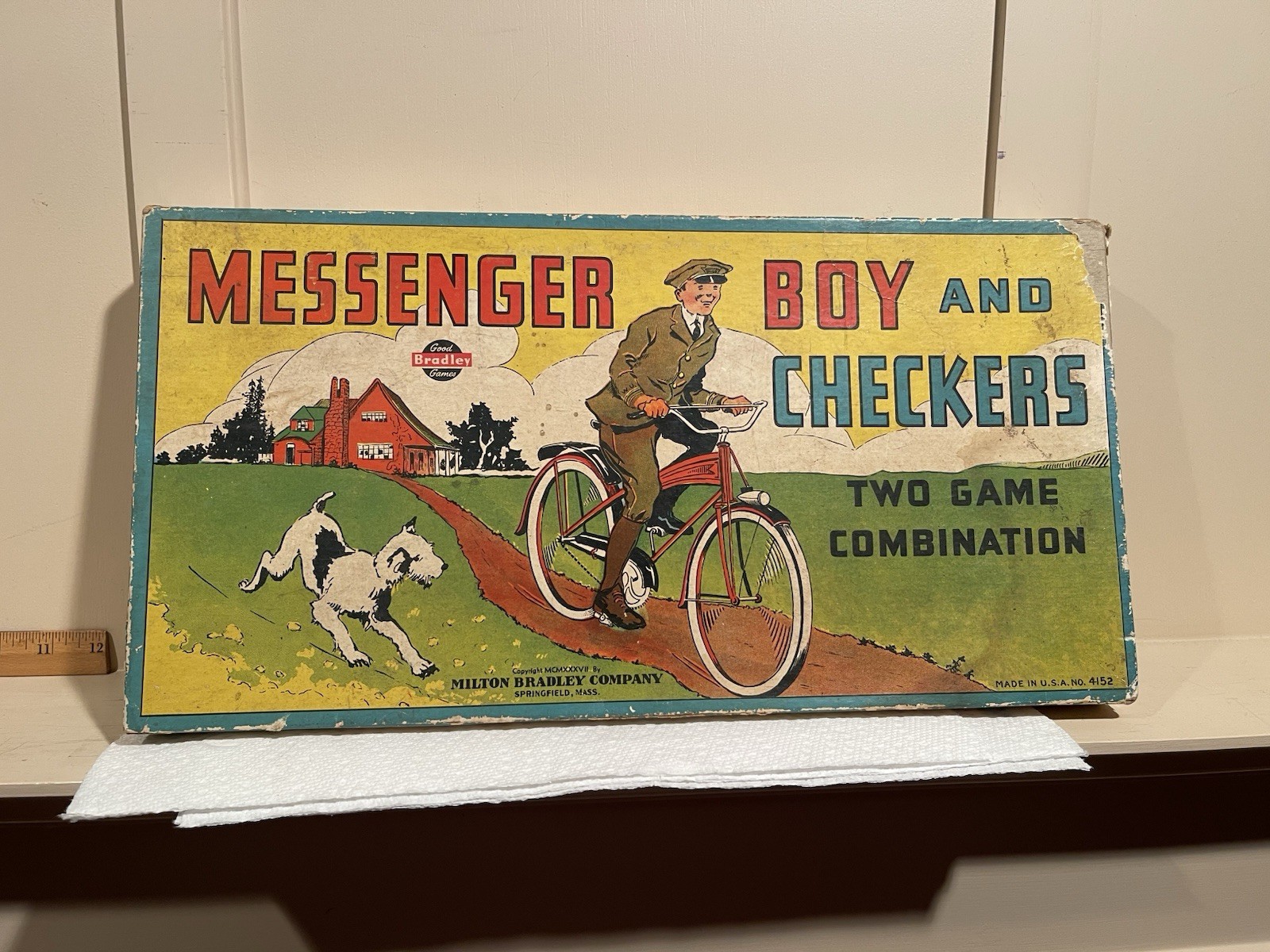 Antique 1937 Messenger Boy Litho Board Game Old Balloon Tire Bike Milton Bradley