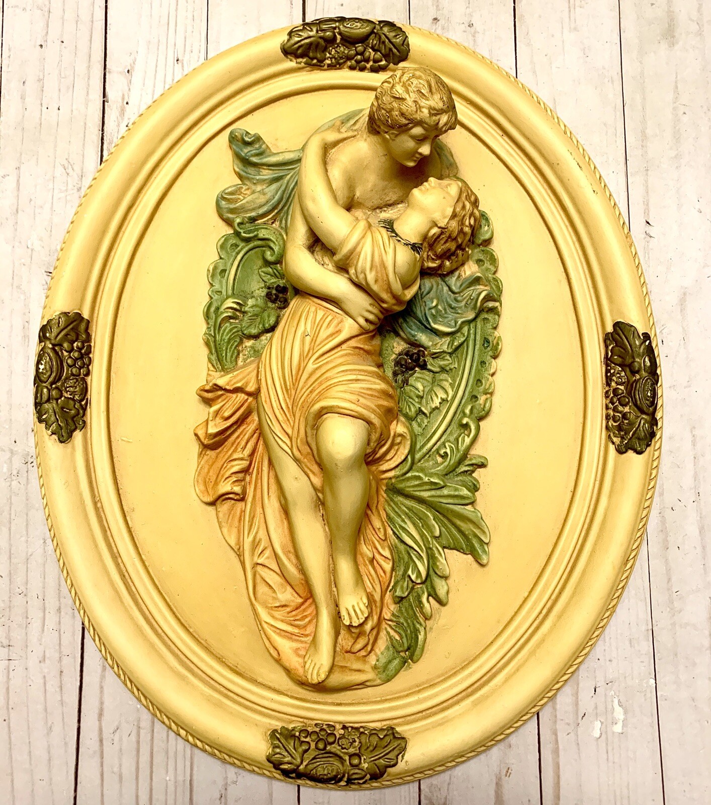 Beautiful Antique Oval 3D Hand Painted Greek Roman Lovers Italian Wall Plaque