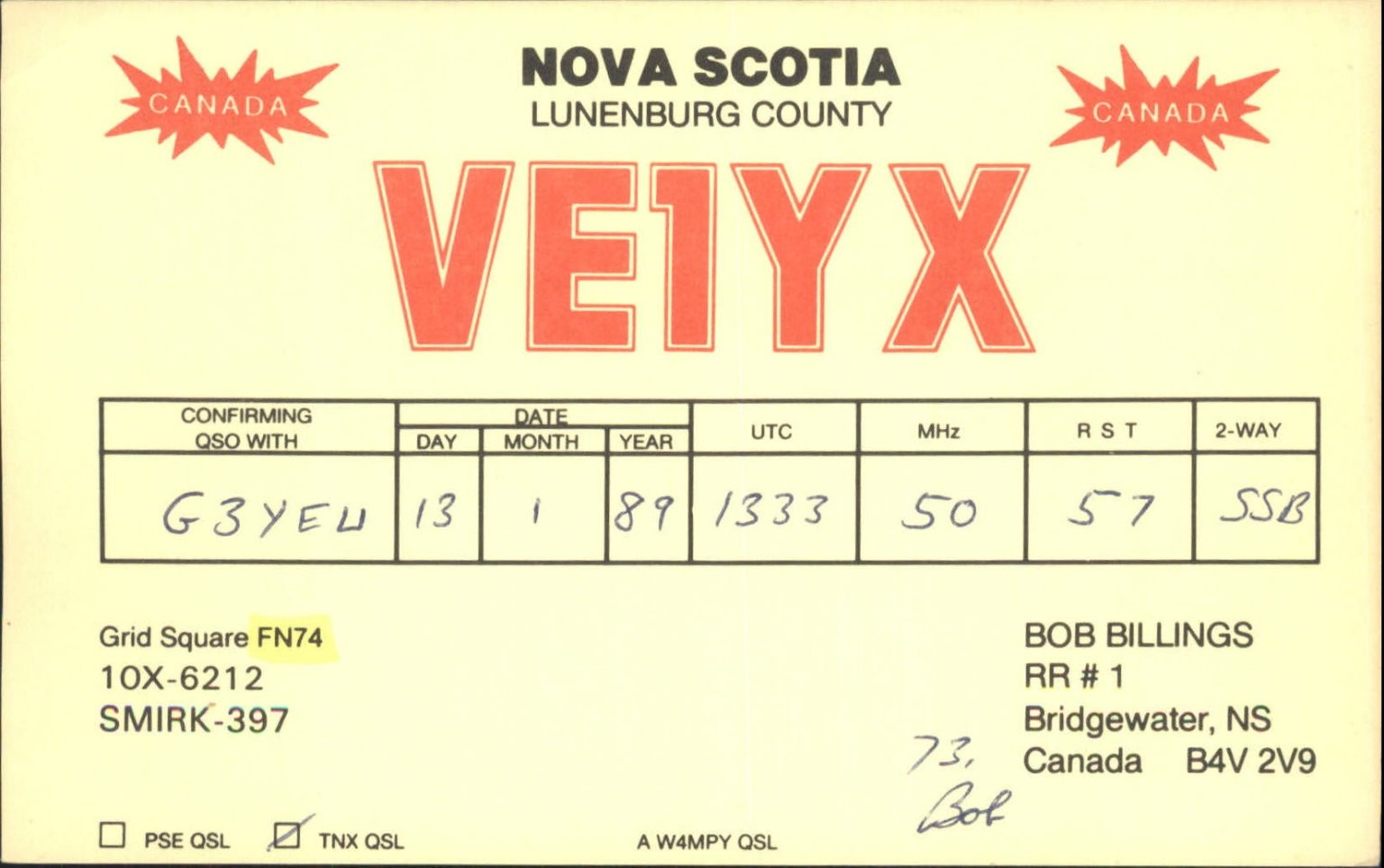 Vintage VE1YX Nova Scotia QSL Card G3YEU 1989 Ham Radio Amateur