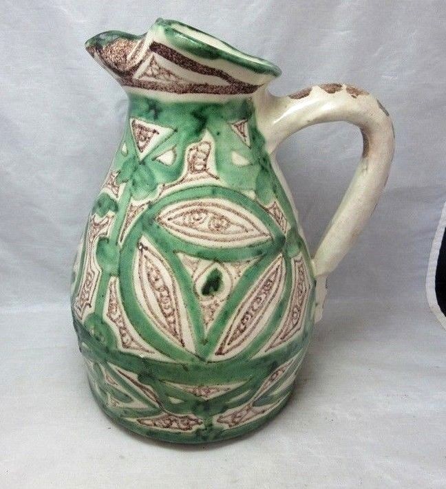 Vintage pottery  jug, pitcher. Green, brown