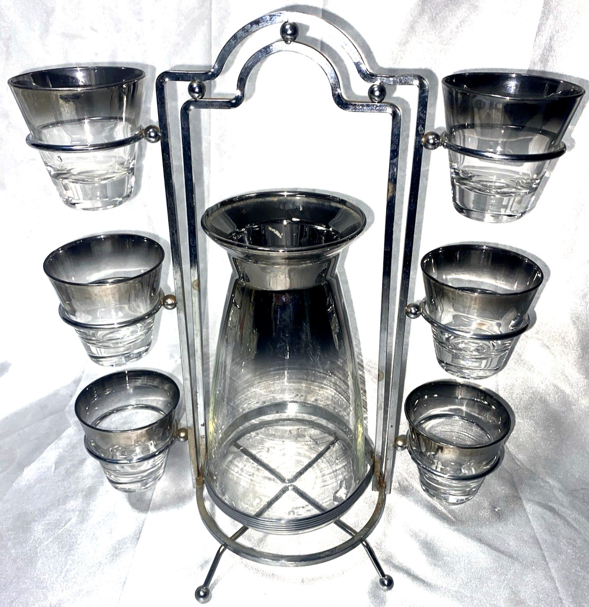 Vintage MCM Mid Century Modern Barware And Caddy Set Pitcher Stand And 6 Glasses