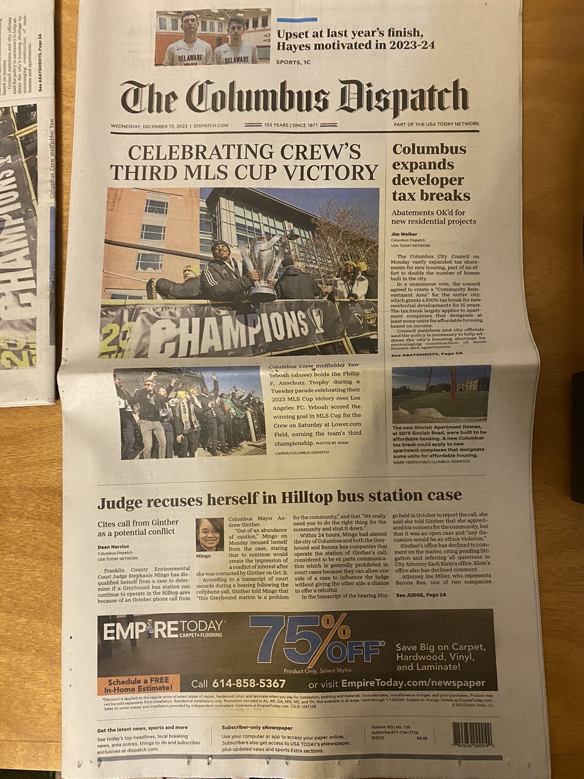 Columbus Dispatch December 13 2023 Columbus Crew Celebrating 3rd MLS Cup Victory