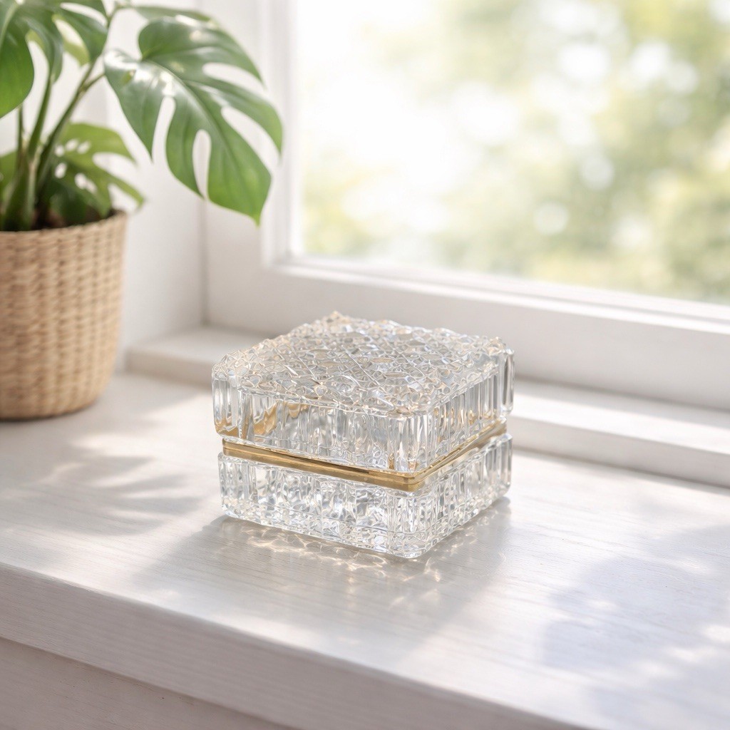 Vtg French Baccarat Style Jewelry Casket Box Heavy Crystal Glass with Hinged Lid