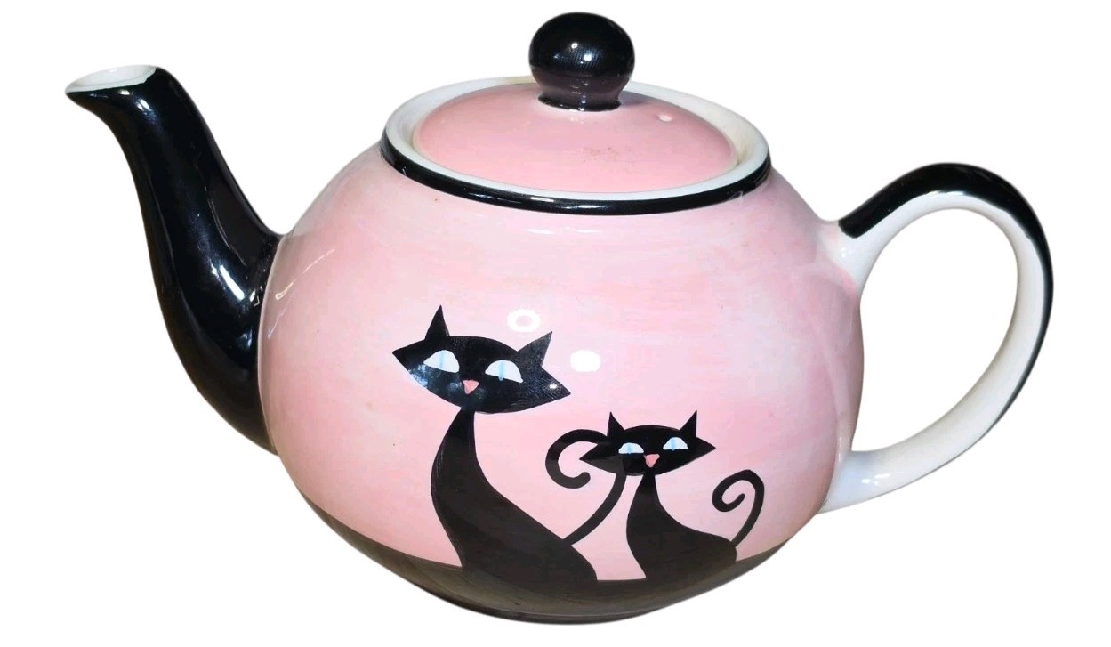 Hues N Brews Pink Teapot Black Siamese Cats Kitty Ceramic New Retro NWOT 