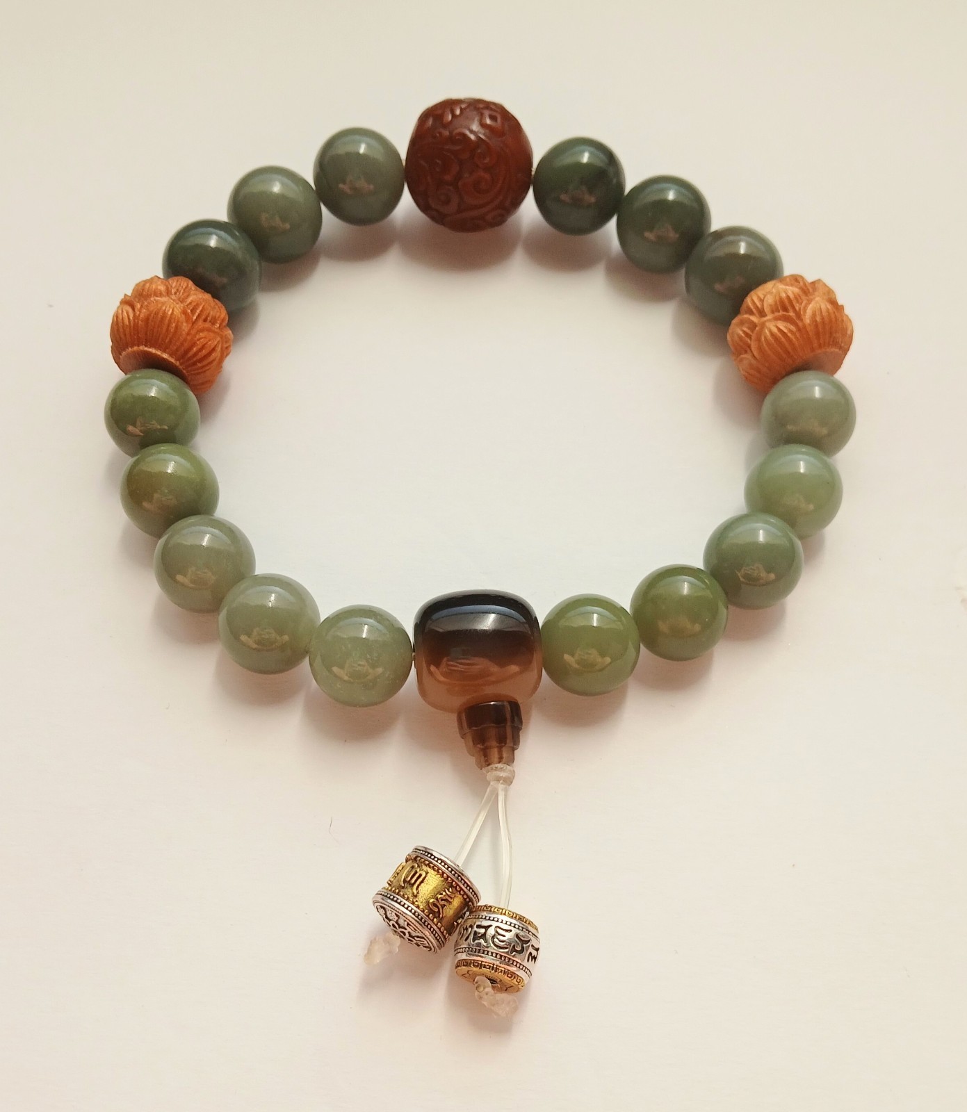 Handmade Green Hetian Nephrite Prayer Mala 16-18mm Large Beads Wood Metal Mantra