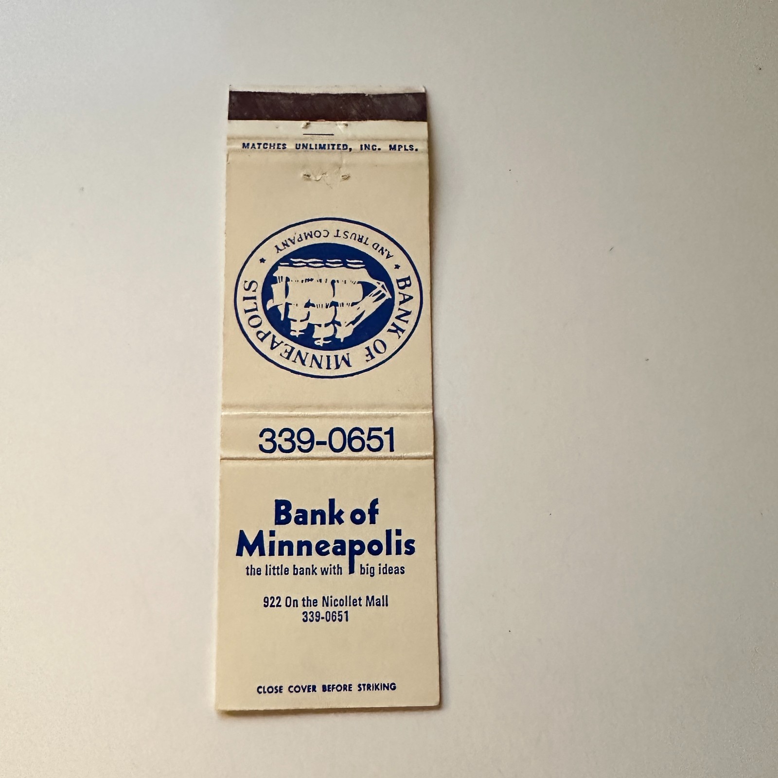 Bank of Minneapolis Little Bank With Big Ideas Vintage Matchbook Cover 5MB125-1