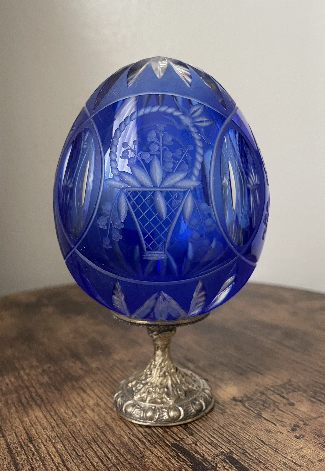 Limited Edition Faberge Cobalt Blue Cut Crystal Egg Signed Anastasia 571/1000