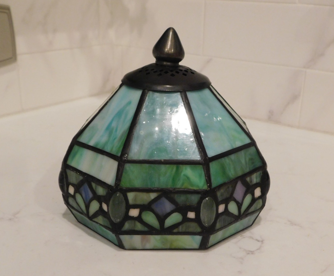 Small Stained Glass Leaded Lamp Shade Slag Jeweled 6”
