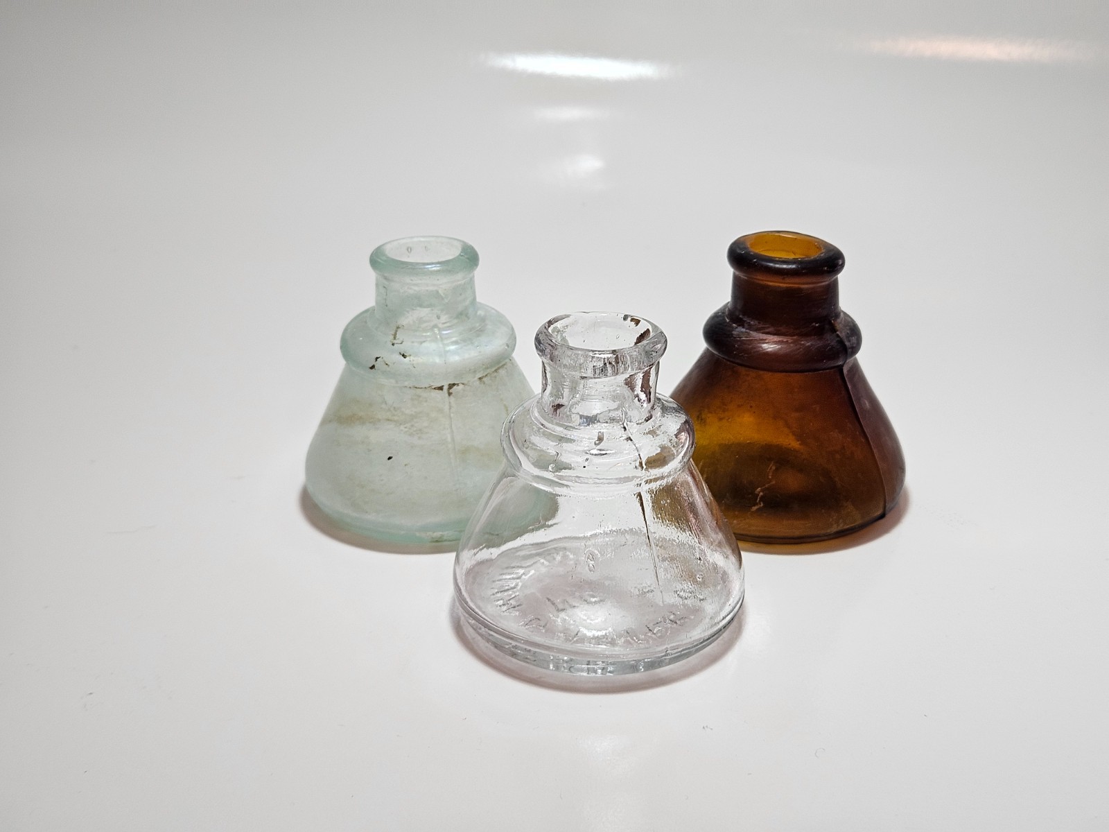 Three Antique Cone Ink Bottles - Clear, Amber, Aqua - Carter\'s 1897 Three Antique Cone Ink Bottles - Clear, Amber, Aqua - Carter\'s 1897