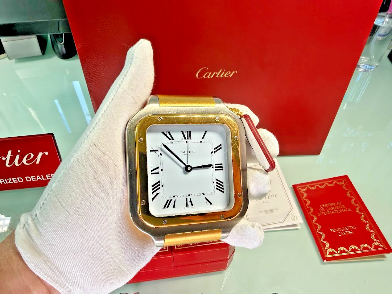 *** Cartier Santos Alarm Clock Gold / Stainless  Alarm Tested ⏰/  Box / Manual *