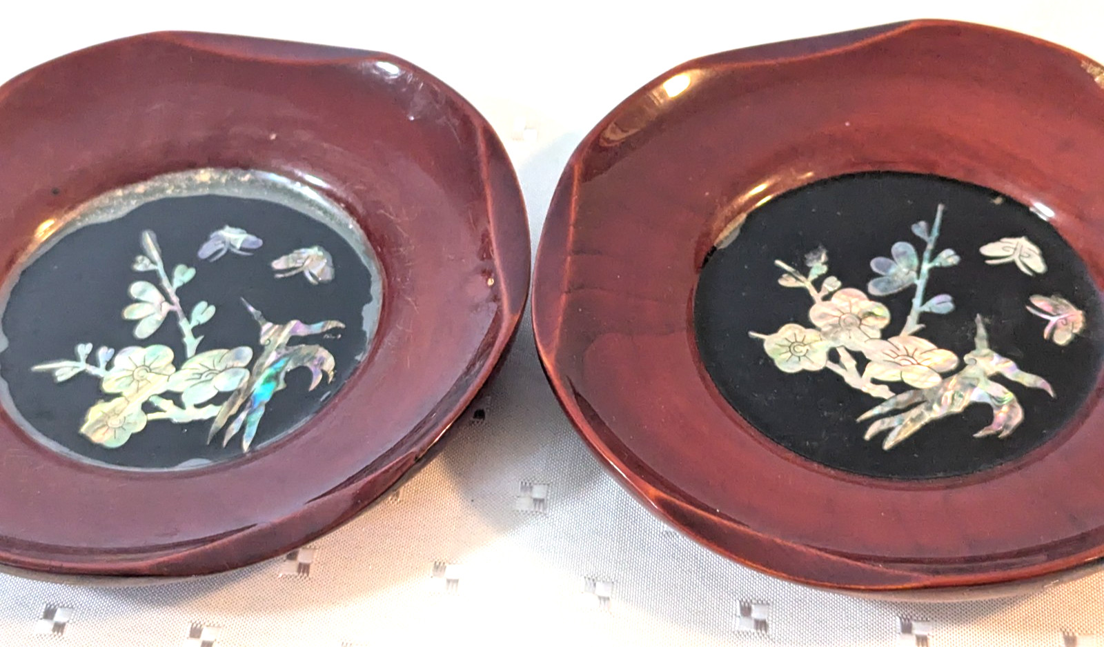 Set of 5 Vintage Asian Lacquerware Tea Saucers/Coasters- Mother Of Pearl Inlay