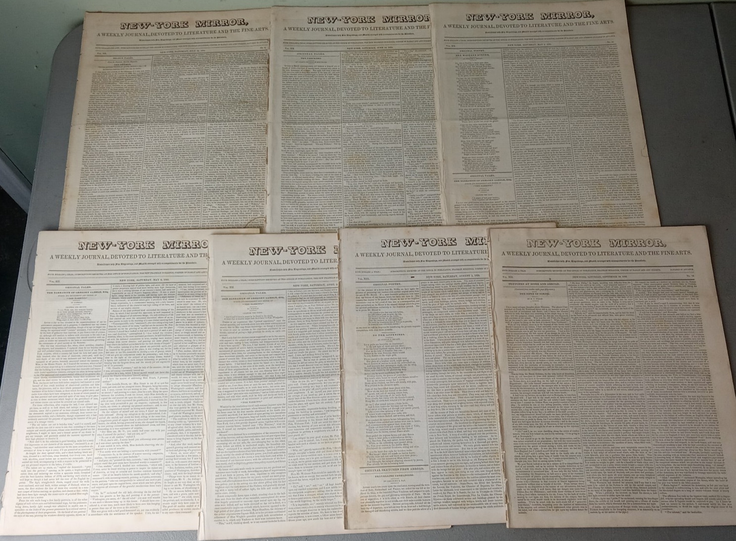 RARE 1834 1835 New York Mirror Newspaper Lot 7 Issues Walt Whitman Literature 