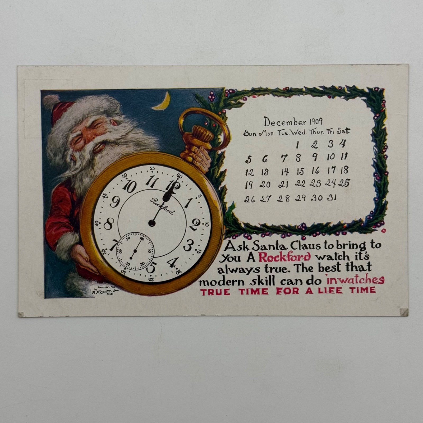 1909 Rockford Watch Santa Calendar Advertising Postcard R.F. Outcault Barre MA