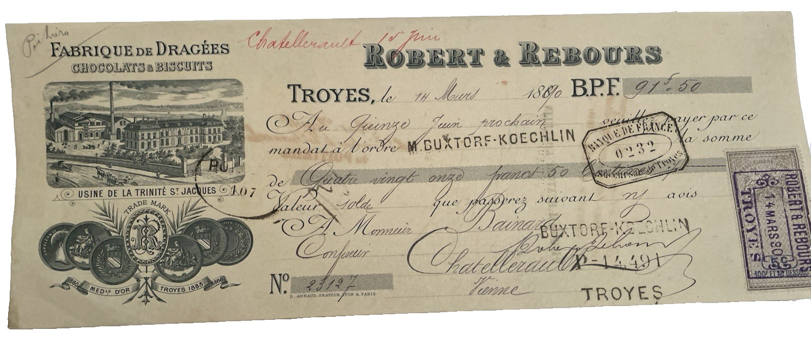 1890 French Bill of Exchange Robert & Rebours Chocolats & Biscuits Vignette Chec