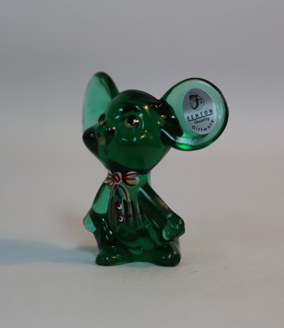 Fenton Art Glass ~ Emerald Green Glass Mouse ~ Hand Painted Mouse Figurine