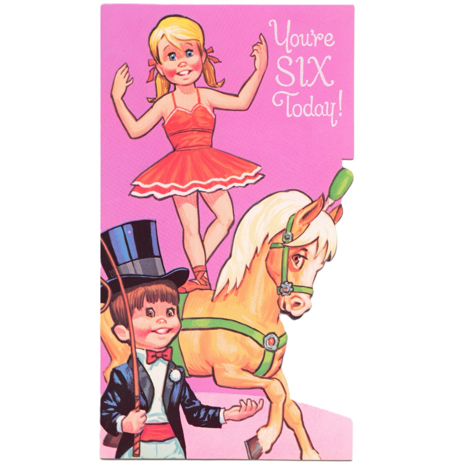 Fun Vintage 6TH BIRTHDAY Card FOR 6 YEAR OLD, Circus Tricks Horse by Sangamon +✉