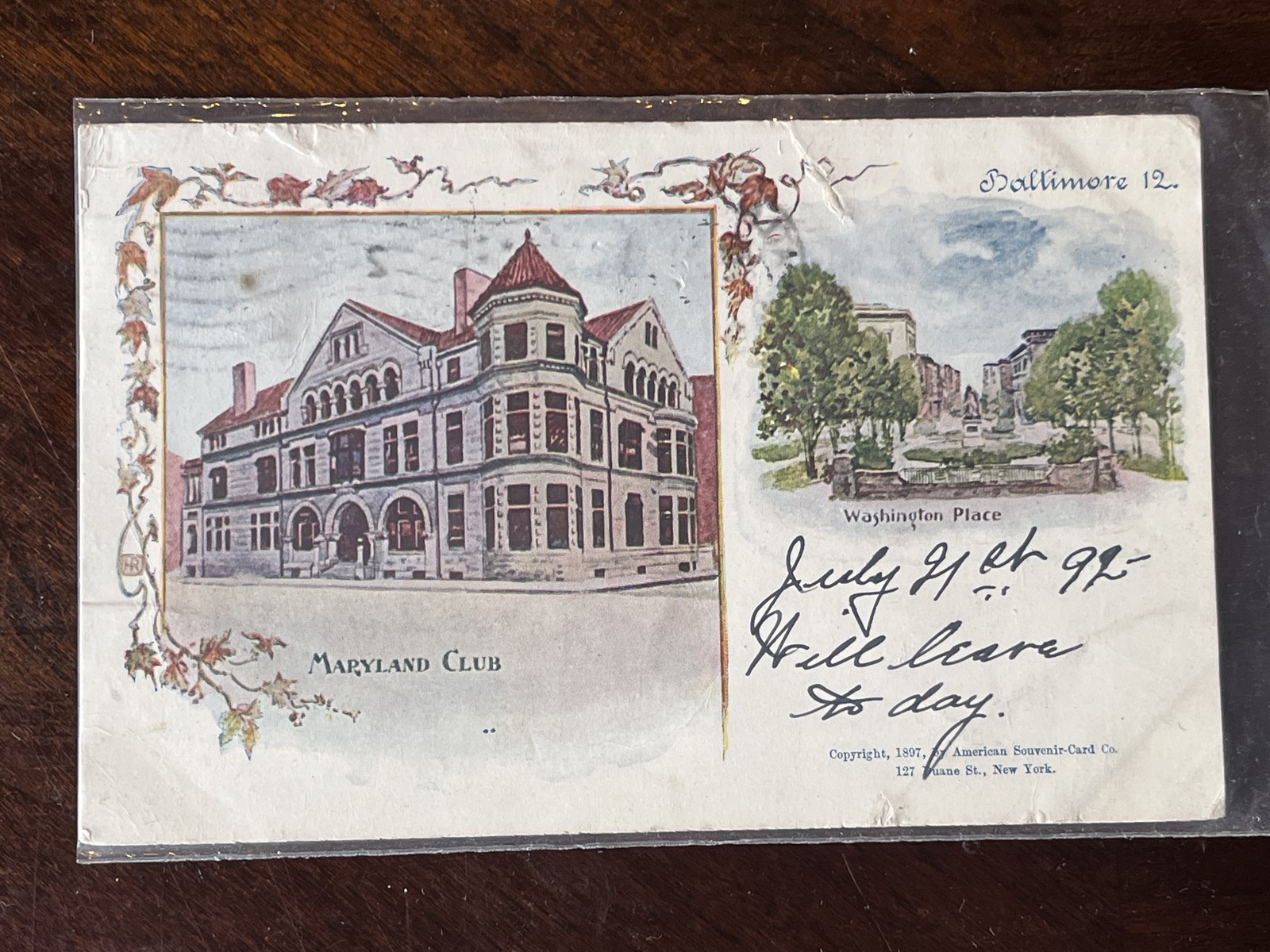 Maryland Club Washington Place Baltimore MD 1902 Postcard Posted