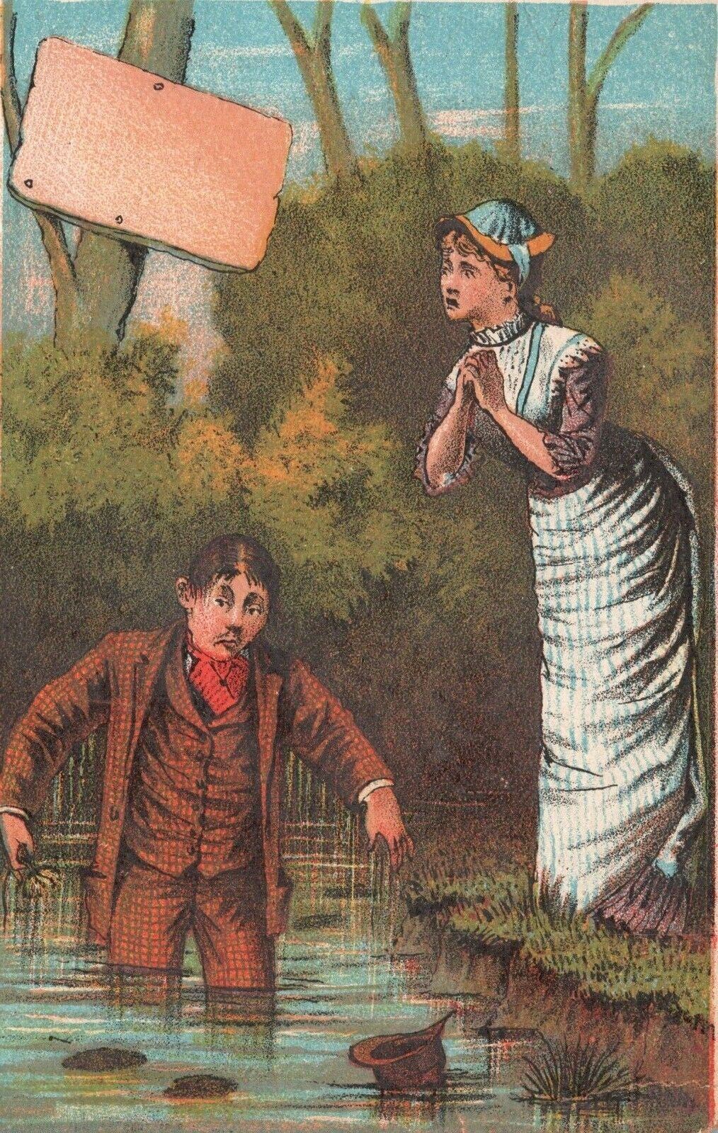 1880-90\'s Man Falls into Water as Woman Watches Well Dressed Trade Card