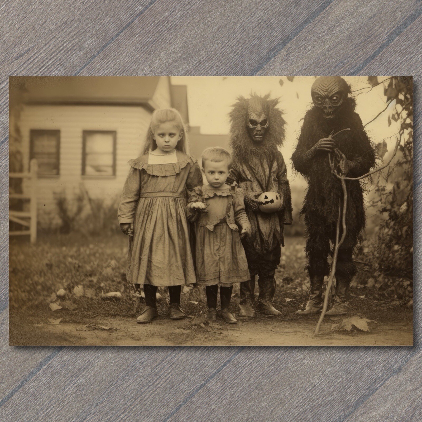 POSTCARD Weird Creepy Vintage Family Halloween Cult House Unusual Masks