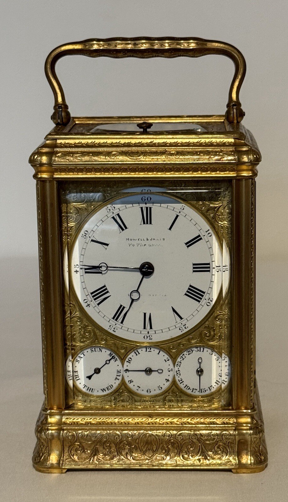 Antique Drocourt Engraved  Grand Sonnerie Calendar Carriage Clock
