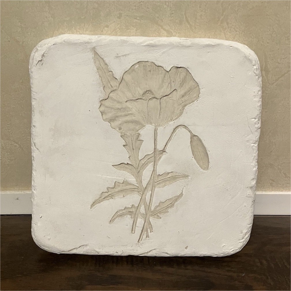 White Ceramic Floral Raised Relief Square Wall Tile Plaque, Textured Finish