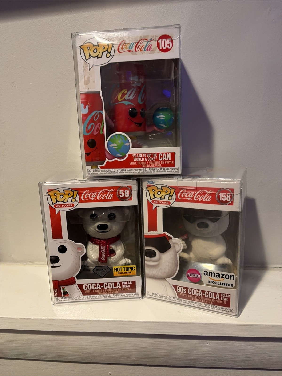 Funko Pop Coca-Cola 3pc Flocked Diamond Polar Bear #58 #105 #158 w/ Protectors