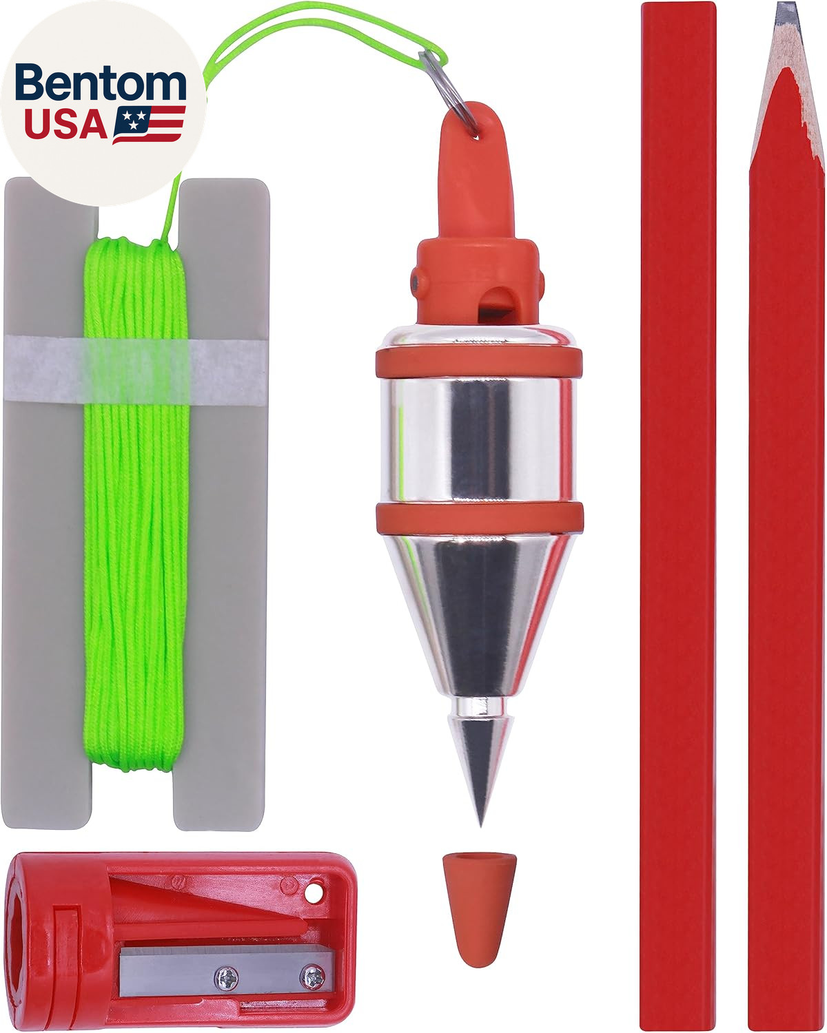 Plumb Bob - 8 Oz(227G) Plumb-Rite with 16 Ft(5M) String, Pencil Sharpener,2 Penc