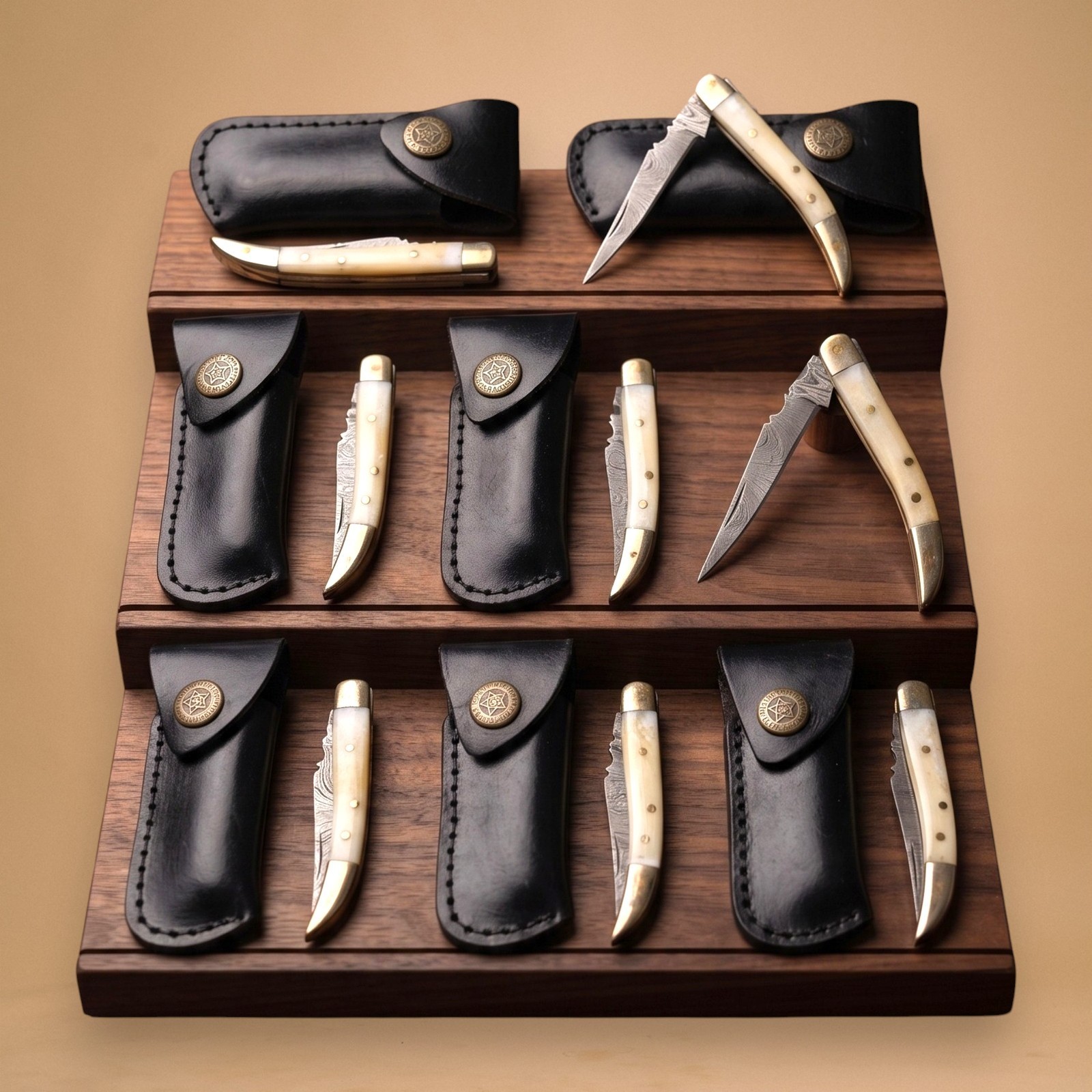 8pc Damascus Texas Toothpick Knife Lot 512 Layer Camel Bone With Leather Sheaths