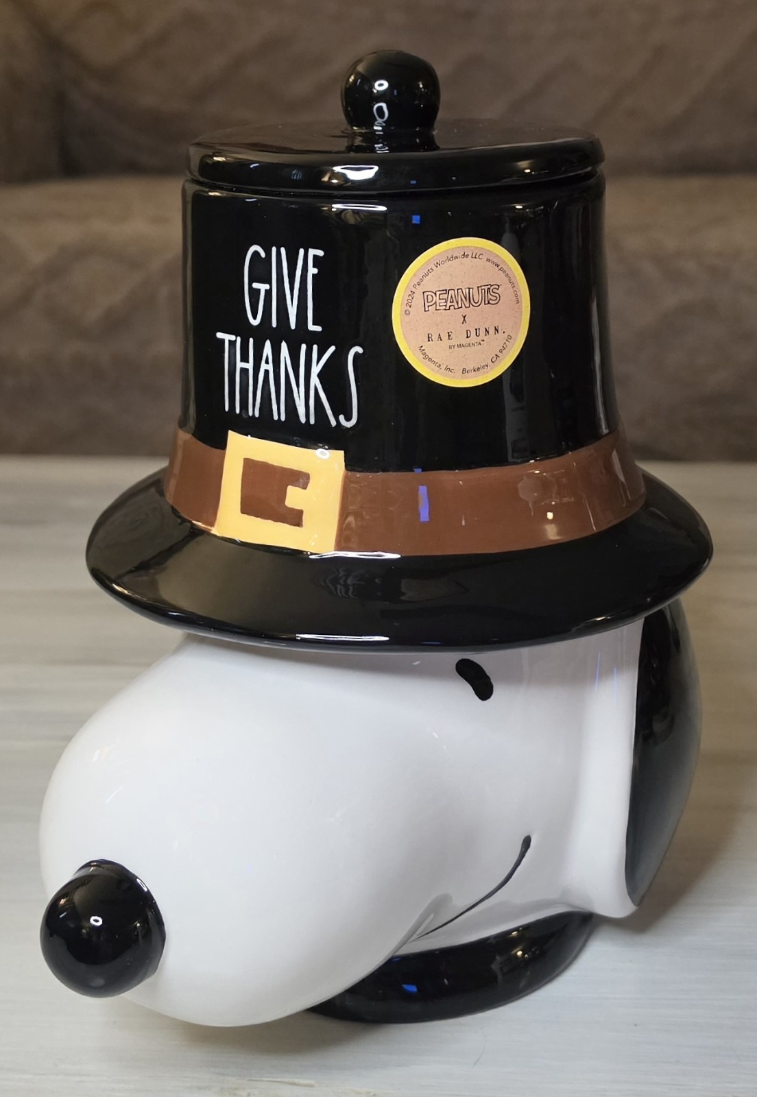 2024 Rae Dunn x Peanuts Snoopy Give Thanks Pilgrim Thanksgiving Cookie Jar