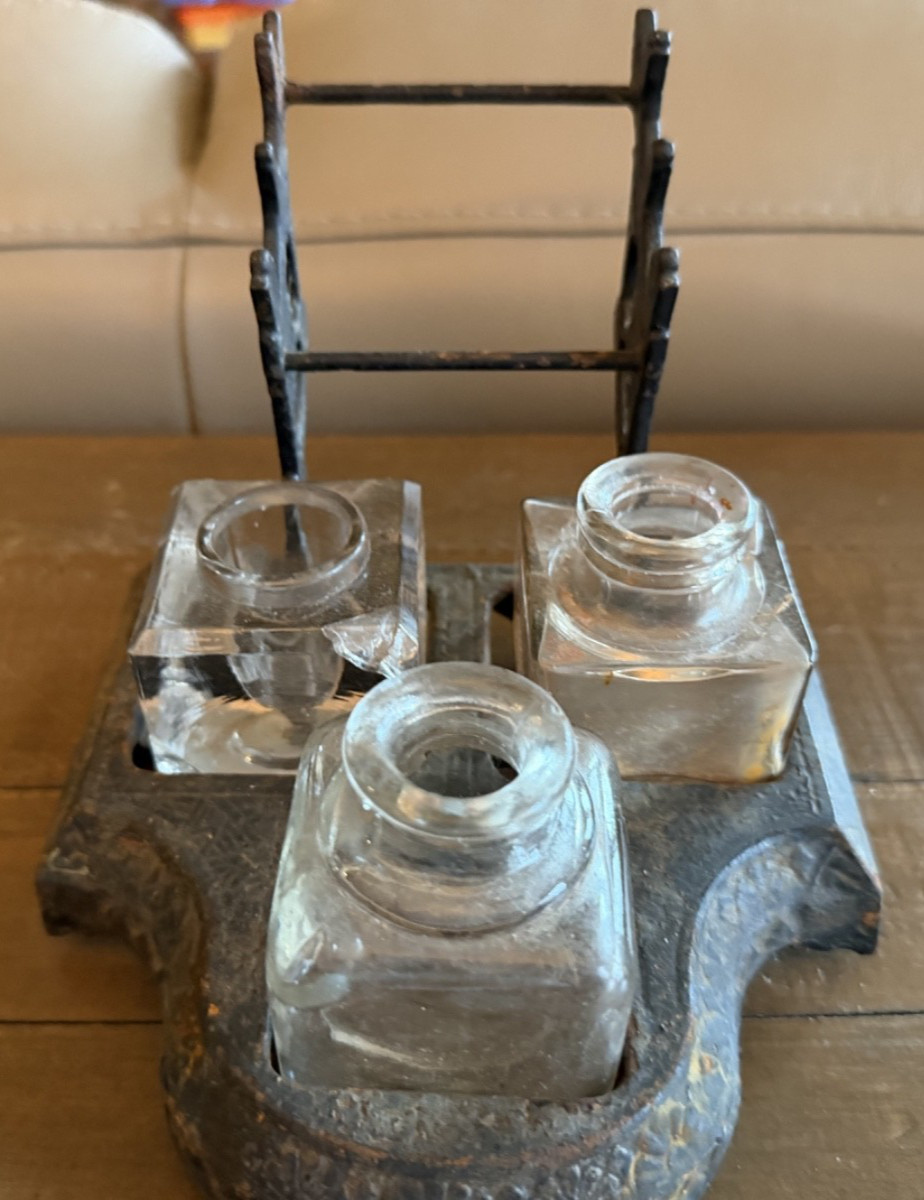 Antique  Victorian Eastlake Style Triple Inkwell w/ Pen Holders