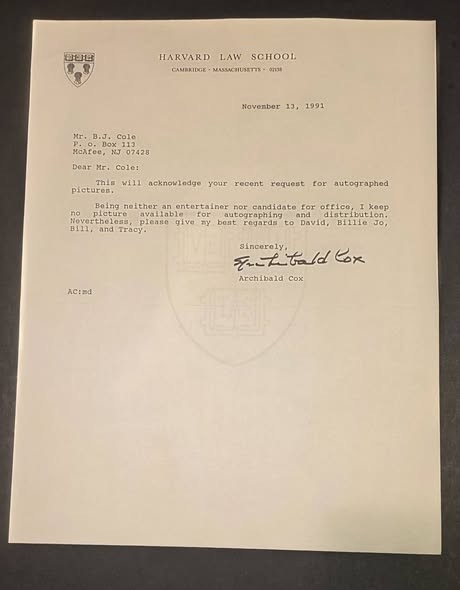 Watergate Archibald Cox Signed  Letter  Auto -Vintage Autograph