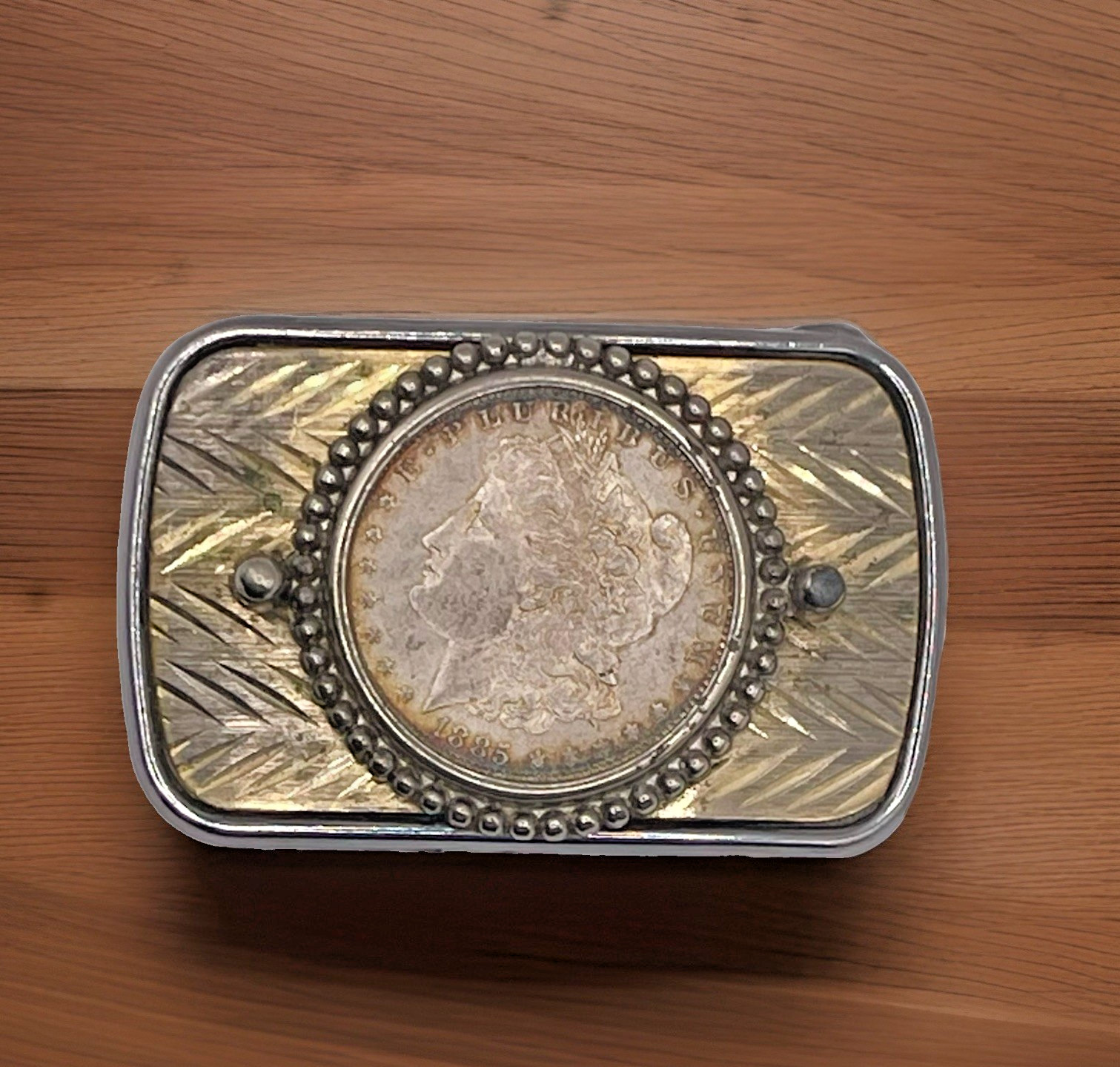 United States 1885 Morgan Silver Dollar Coin Two-Tone Belt Buckle, 3 United States 1885 Morgan Silver Dollar Coin Two-Tone Belt Buckle, 3