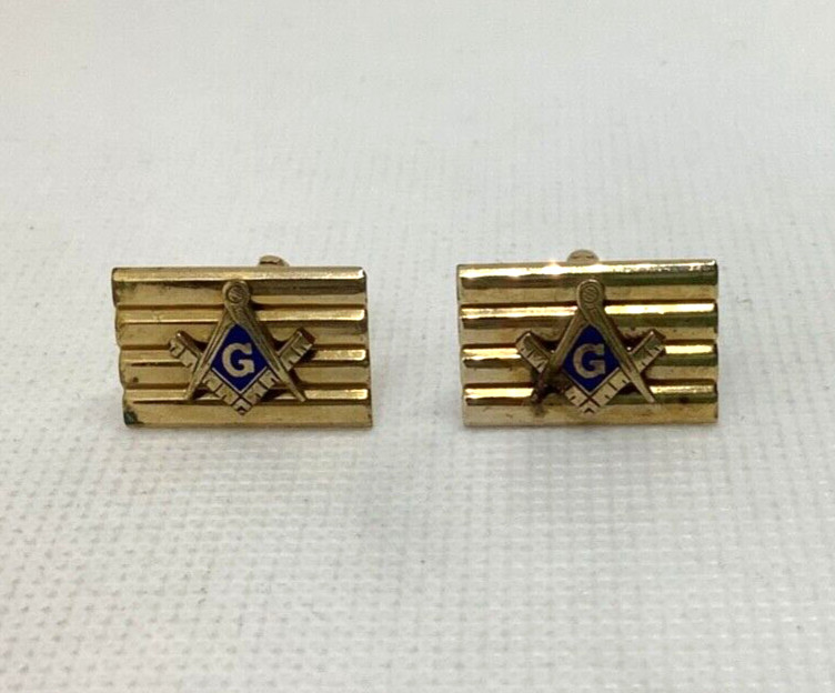 Vintage ANSON Gold Tone Blue Enamel FREEMASON MASONIC MASON CUFFLINKS