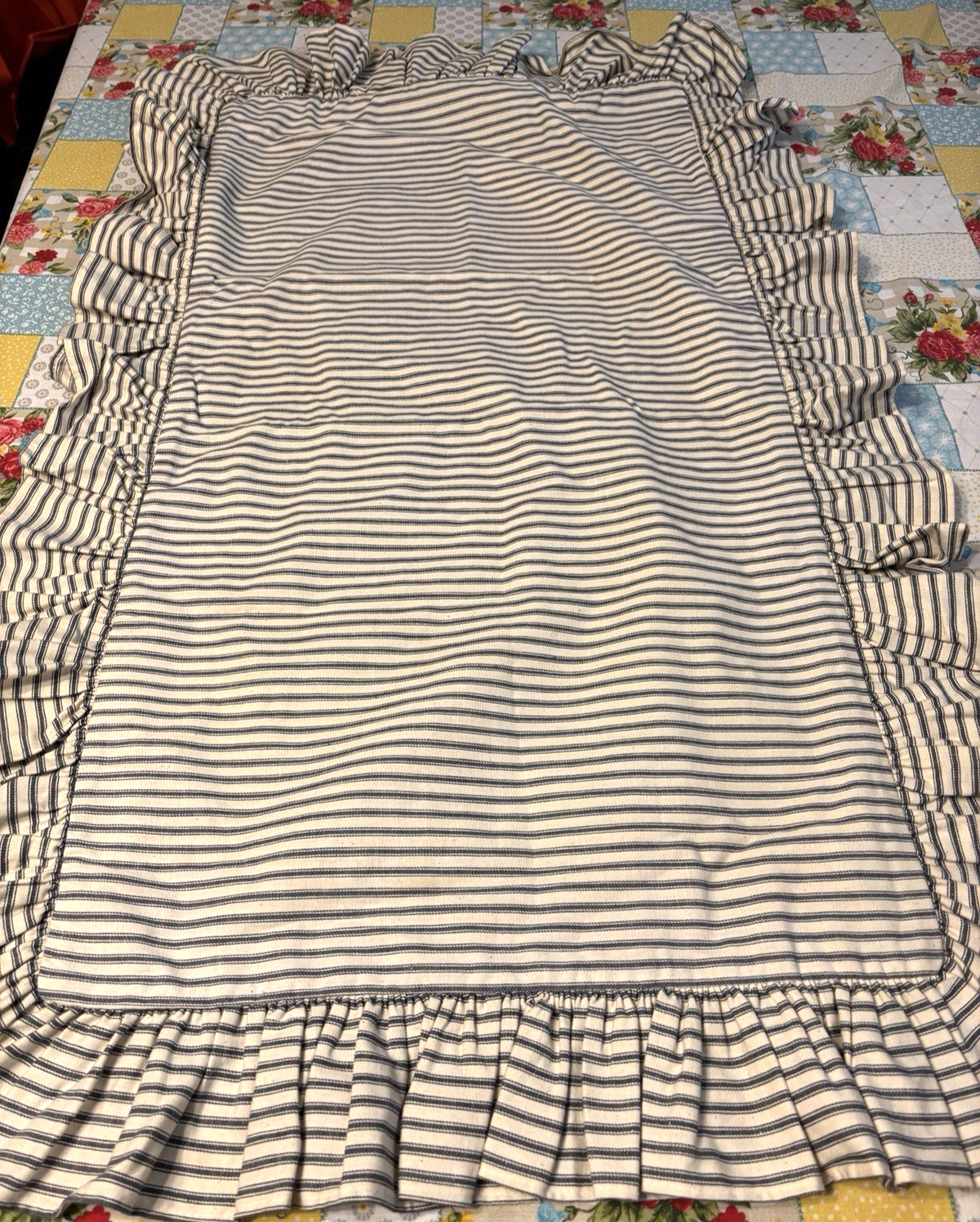 Vtg Ralph Lauren Large Pillow Sham Blue Ticking Stripe Ruffled 37\