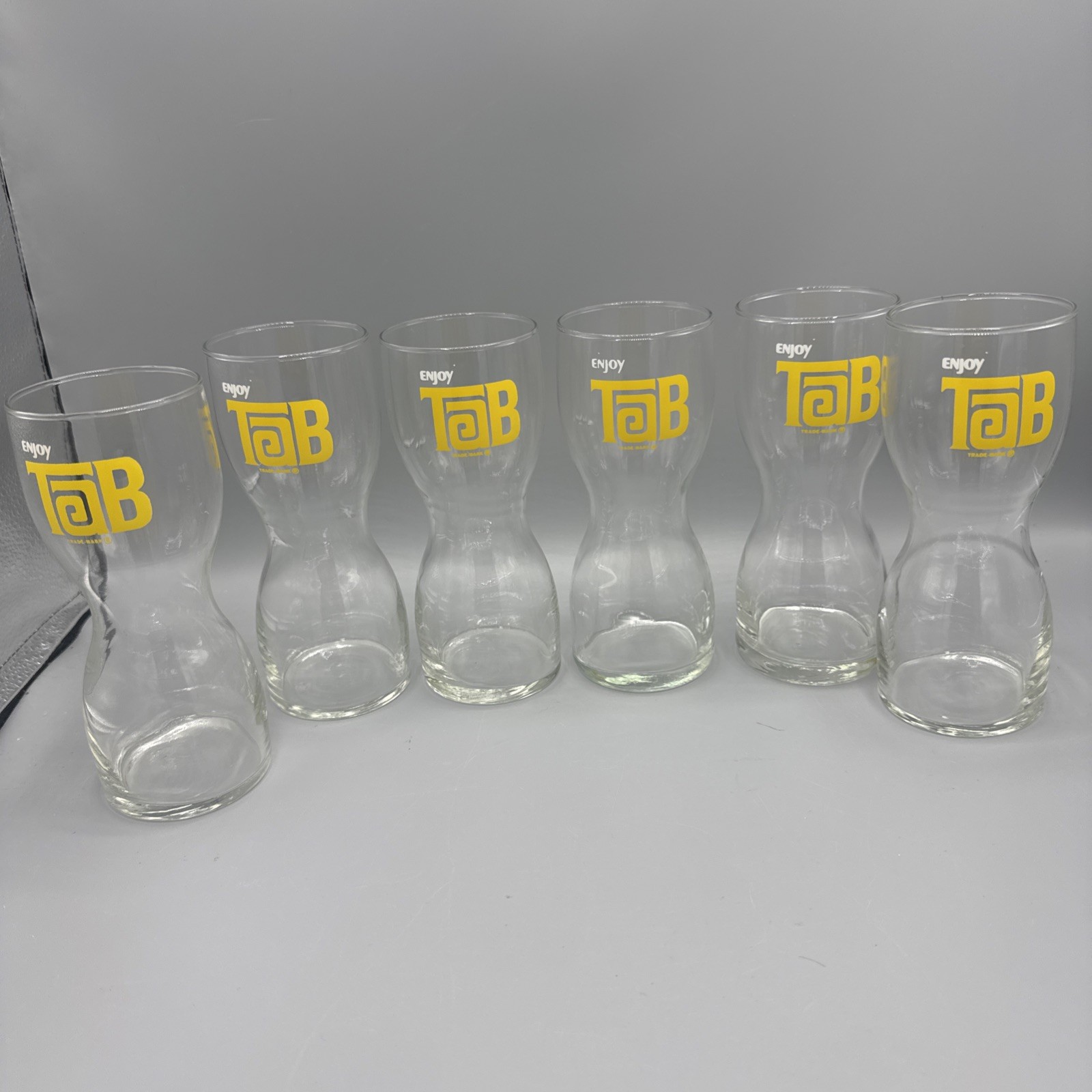 Vintage TAB Soda Set of 6 Tumbler Drinking Glasses 7” Tall Hourglass Shape