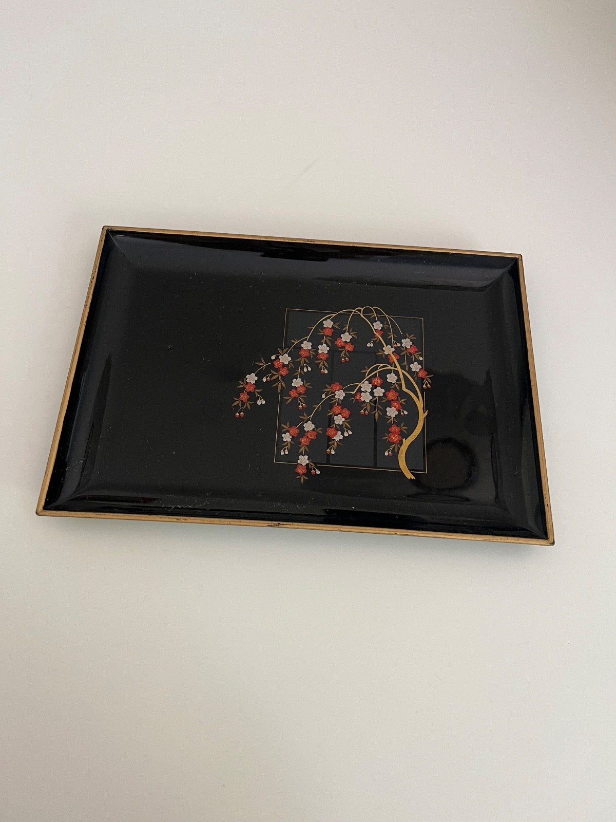 Vintage Otagiri Lacquerware Tray Japan Cherry Blossom Black Gold Art Deco