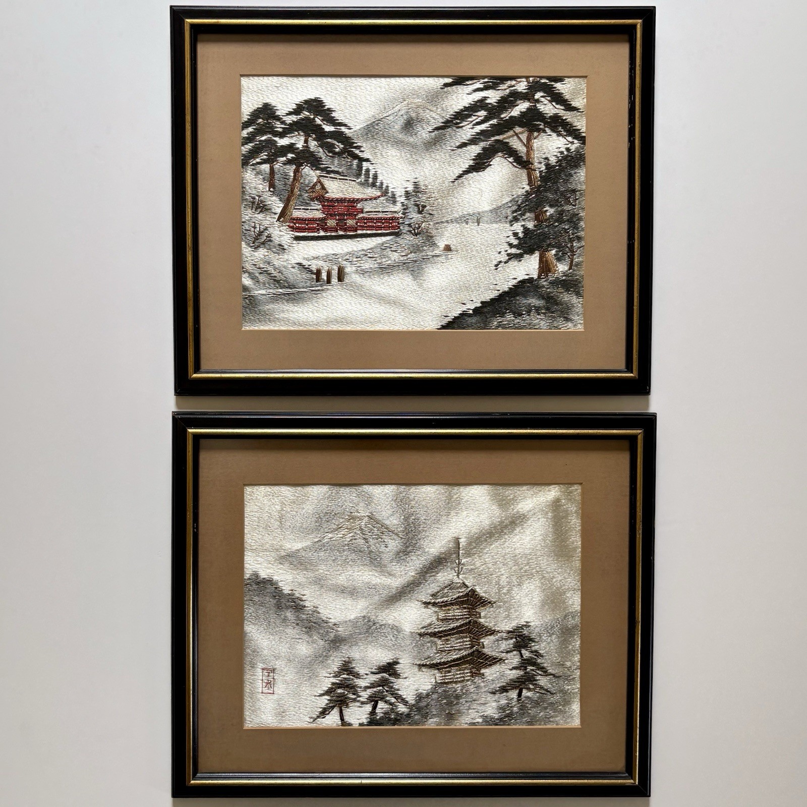 Vintage Japanese Silk Embroidery Framed Art Pair Mt Fuji Pagoda Mid Century