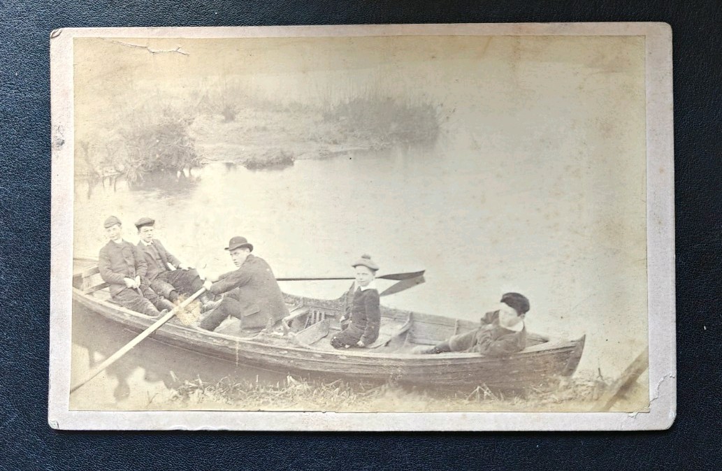 Man & Boys In Rowing Boat On Lake. Vintage Cabinet Photograph. Early C20th?
