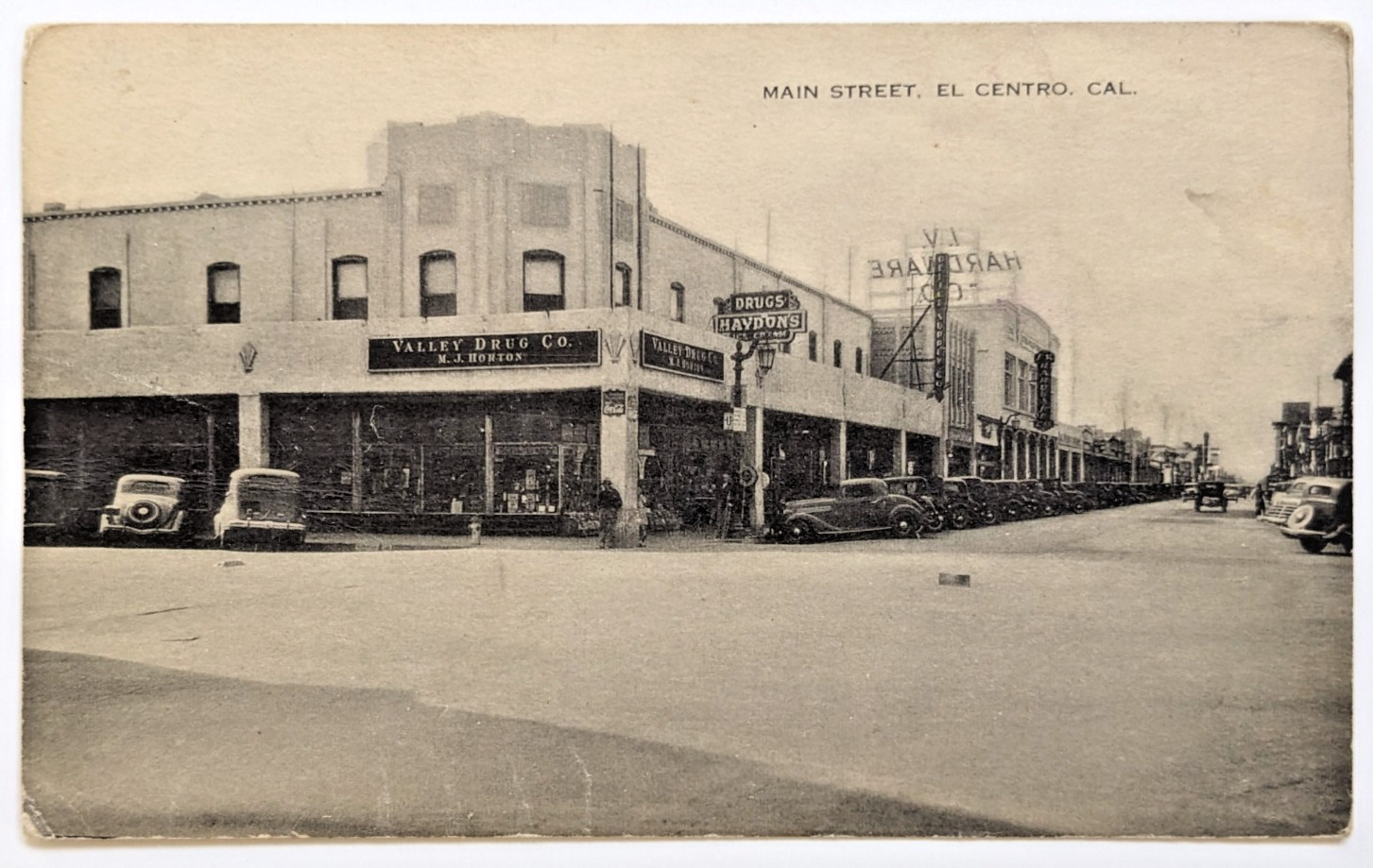 El Centro California CA Main Street View Valley Drug Co Haydon's c1930s Postcard