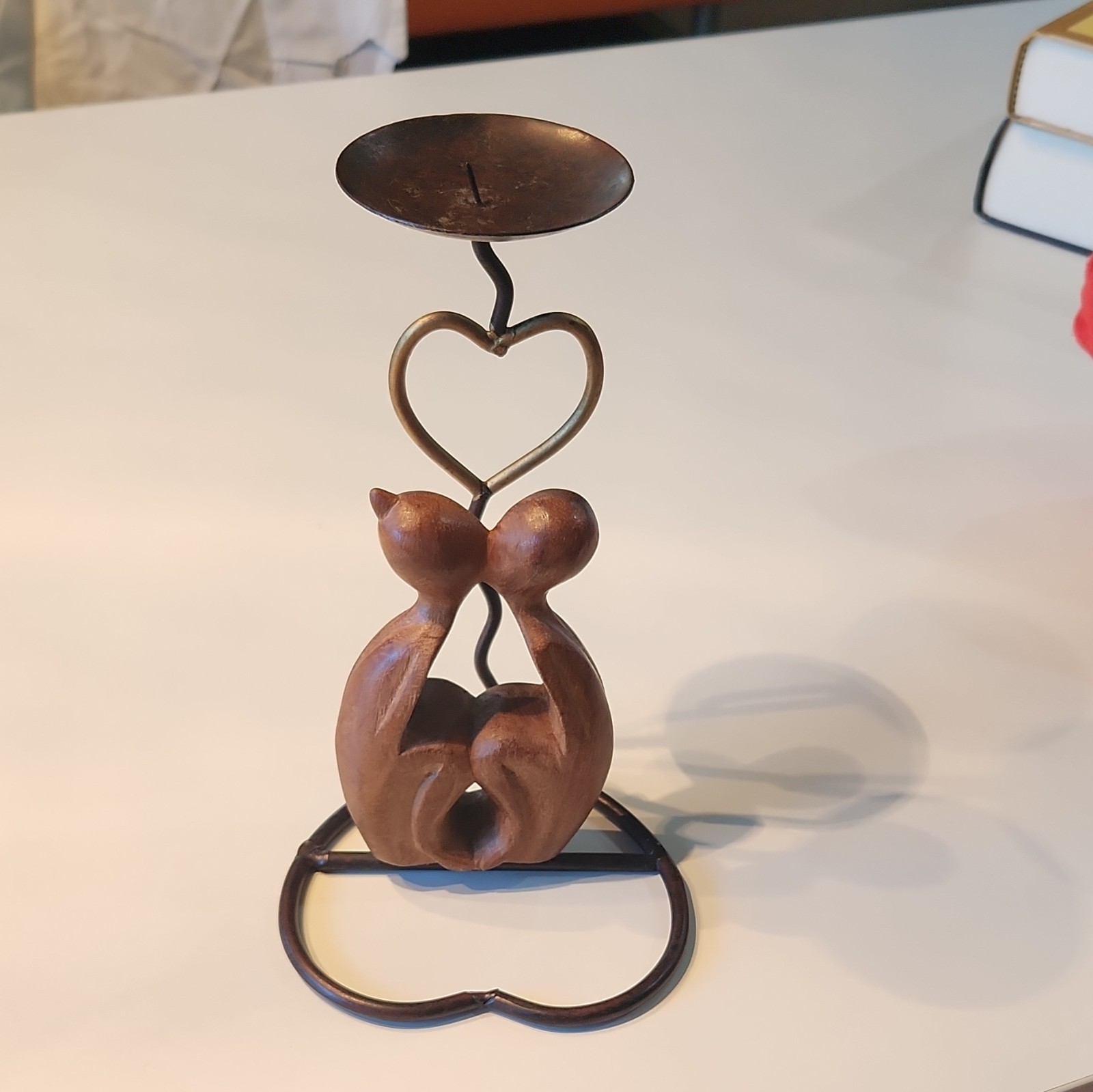 Heart Shaped Wood & Metal Candle Holder Romantic Abstract Indoor Decor