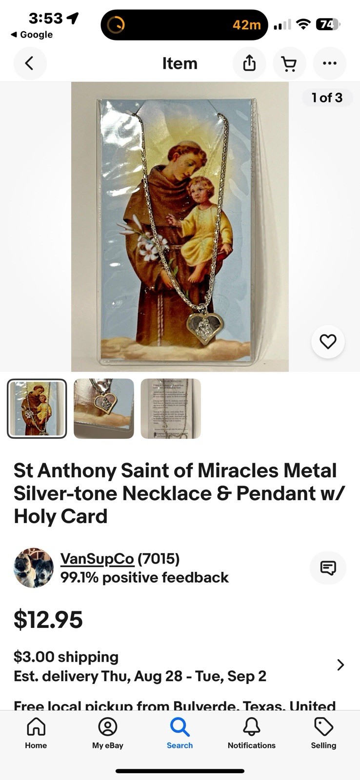 St Anthony Saint of Miracles Metal Silver-tone Necklace & Pendant w/ Holy Card