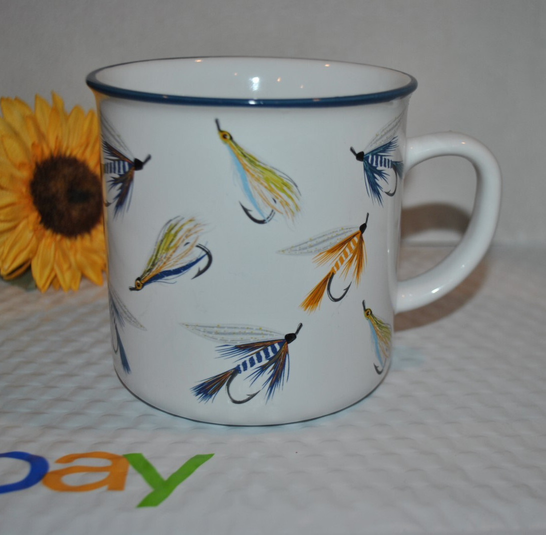 NWOT ORLY MAISON Jumbo Mug hand-tied fishing FLIES Fishing Stoneware NY US 16 oz