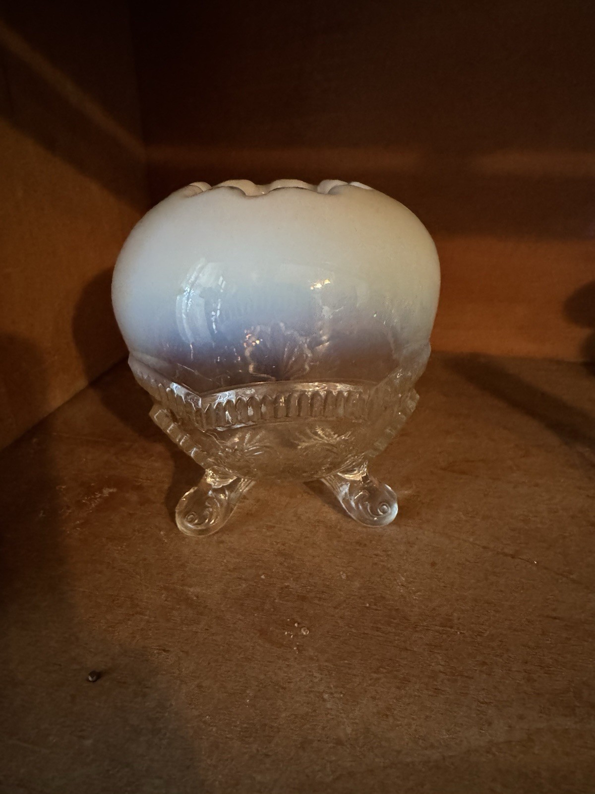 Antique EAPG Flint Wood Glass Clear/Opalescent Rose Bowl With Uranium Glow