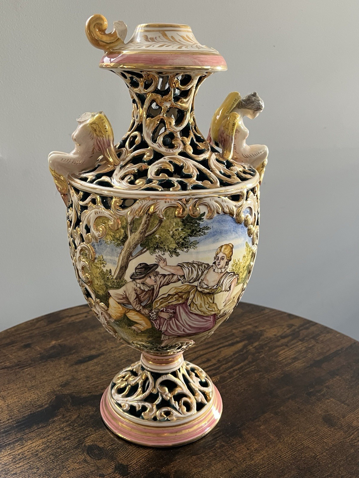 Vintage Capodimonte Style Porcelain Decorative Urn Vase Figural Gilt as is Vintage Capodimonte Style Porcelain Decorative Urn Vase Figural Gilt as is