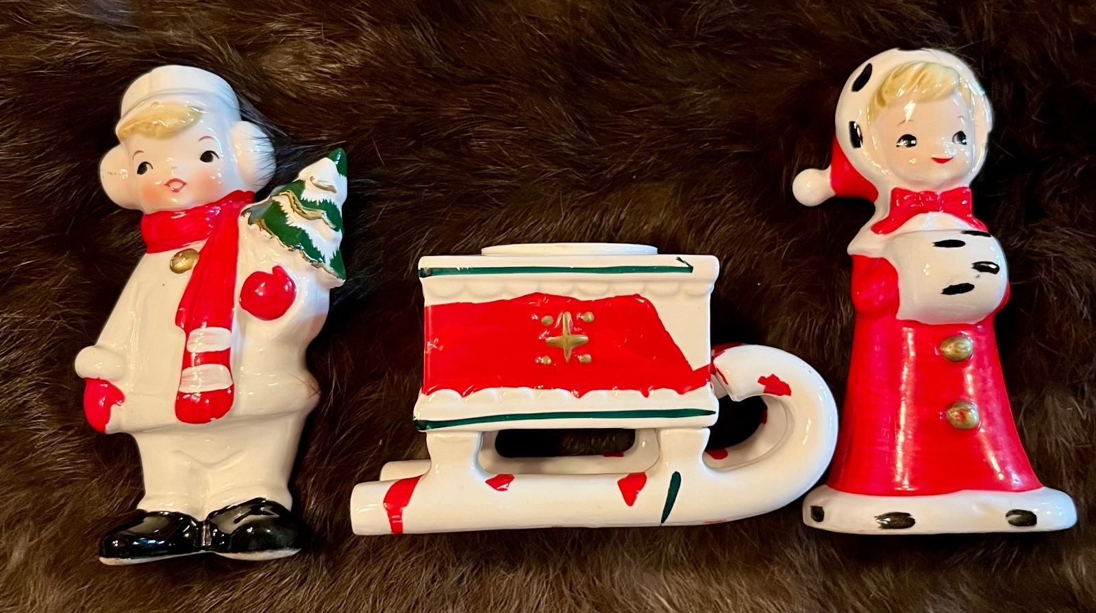 VINTAGE TOPLINE IMPORTS JAPAN XMAS BOY & GIRL FIGURINES~50/128/SLEIGH 50/195