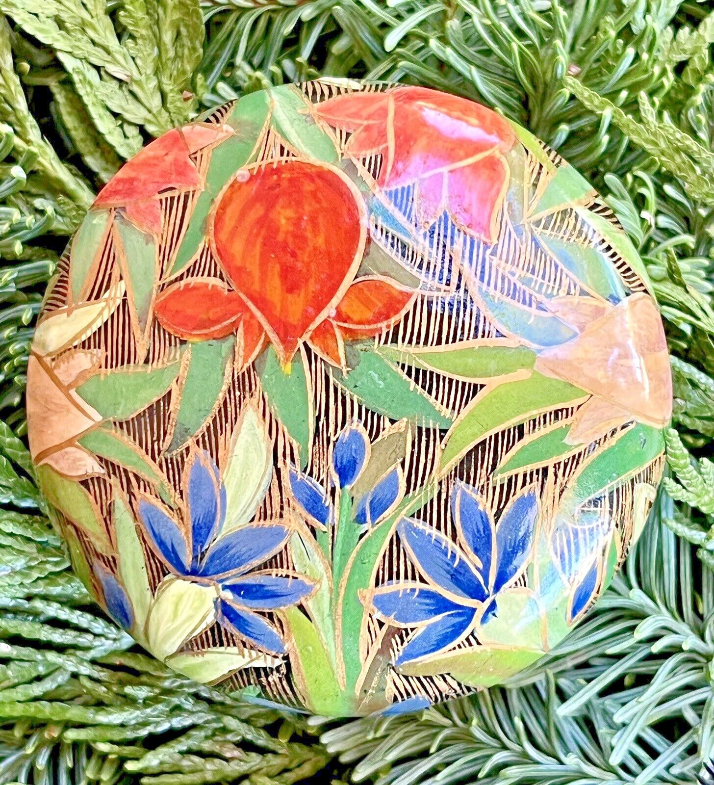 VTG Hand Painted Kashmir Black Gold Orange Purple Floral Paperweight Signed